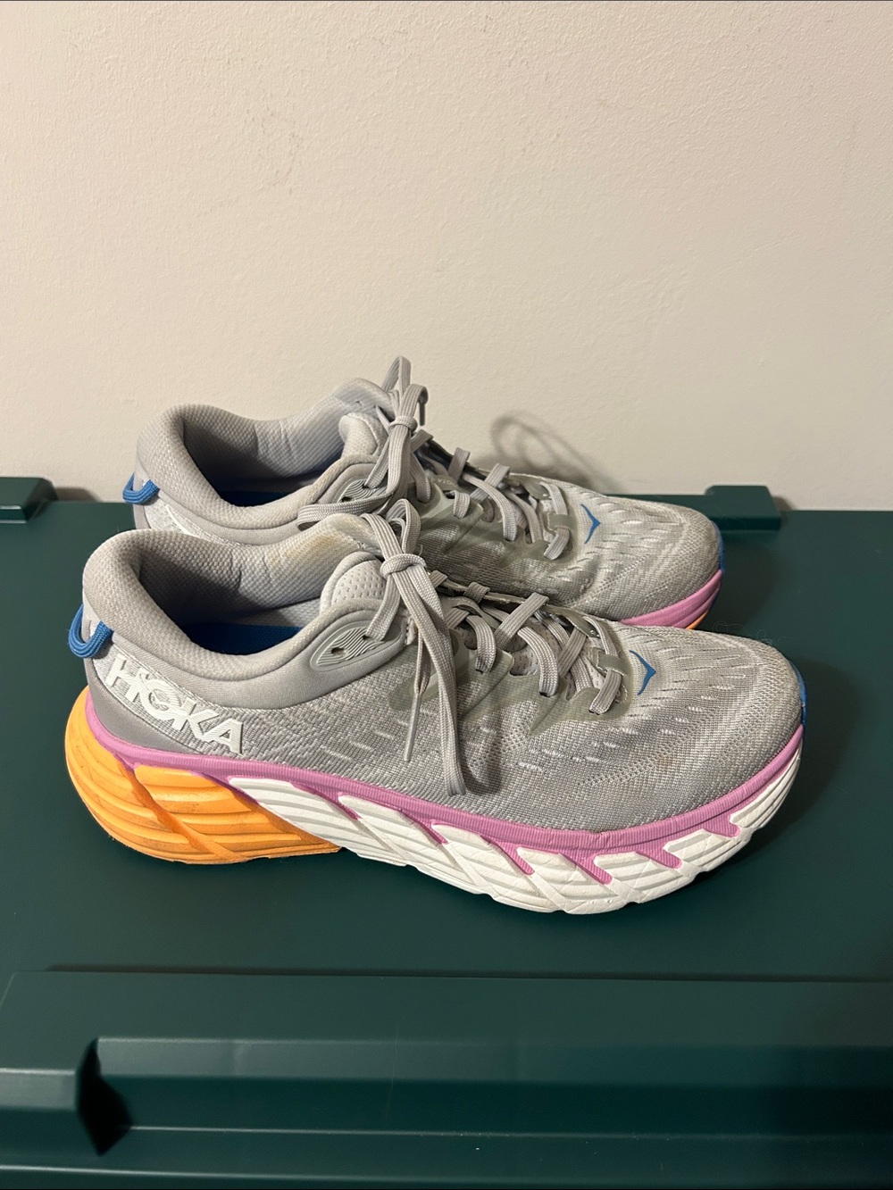 Hoka Women's Gray Gaviota 4 Running Shoes with Pink & Orange Accents